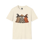 Halloween Ghost Trio T-Shirt — Leopard, Checker & Pumpkin Hat Design
