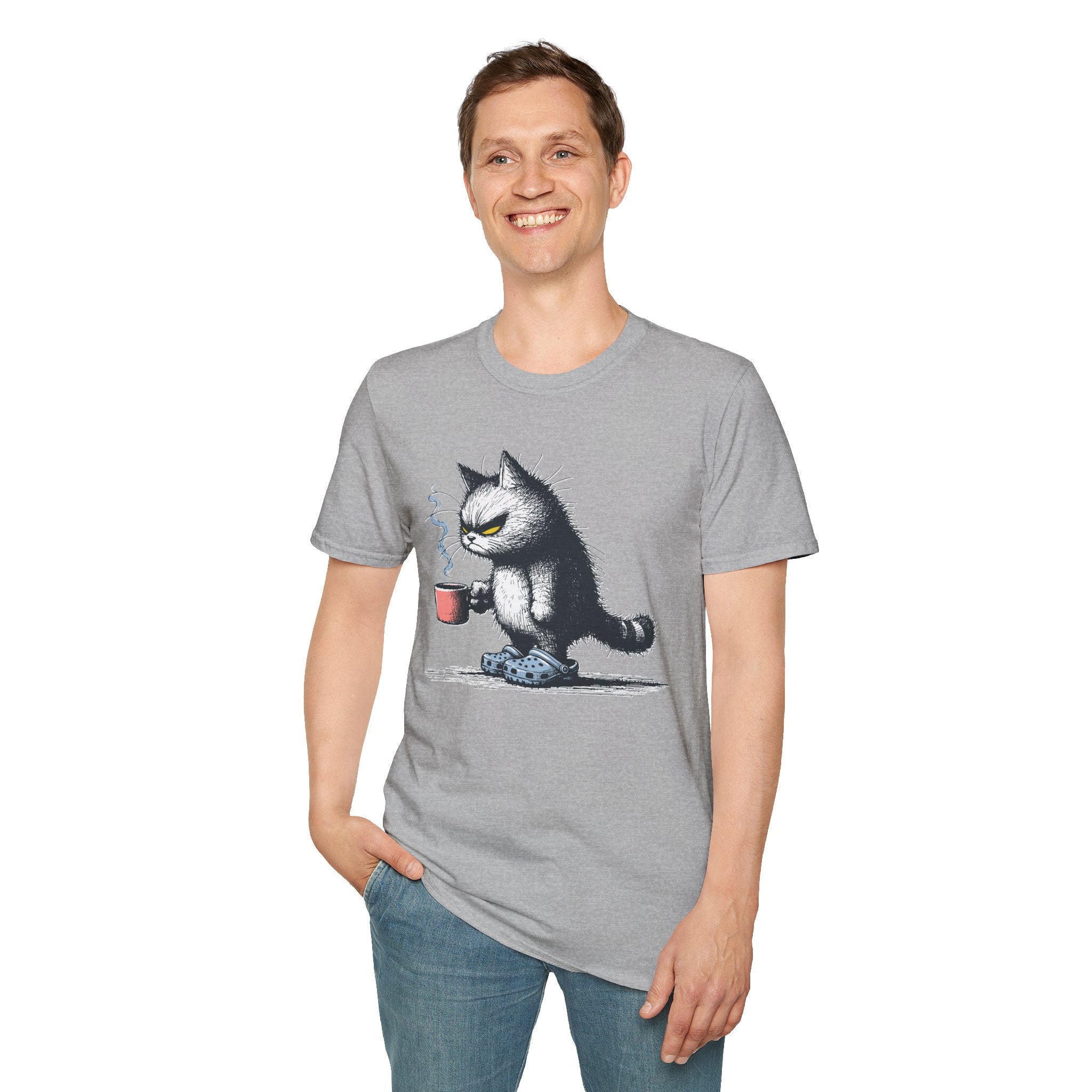 Cat Coffee T-Shirt — Grumpy Cat Holding Mug Illustration