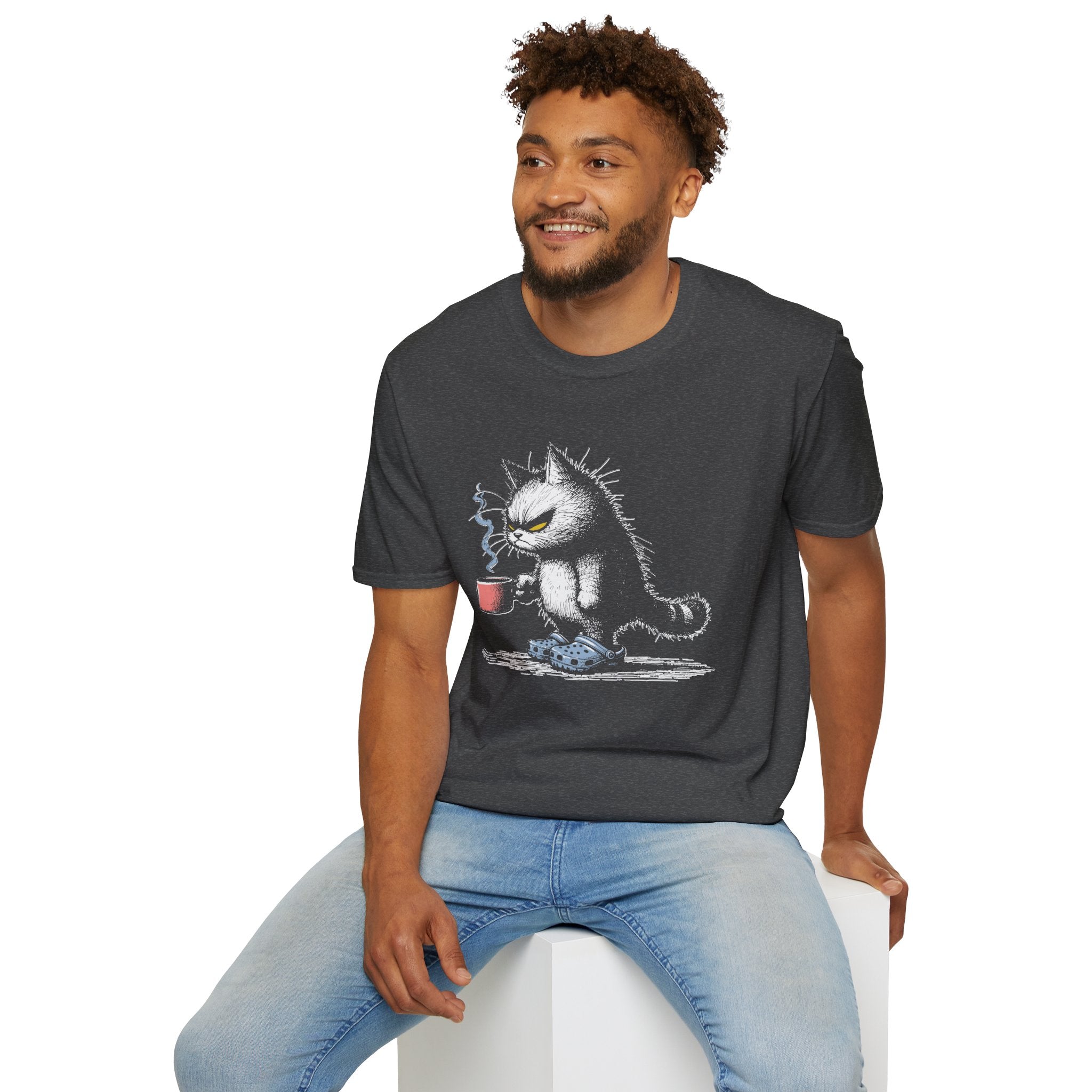 Grumpy Cat with Coffee T-Shirt — Moody Morning Cat Graphic Tee
