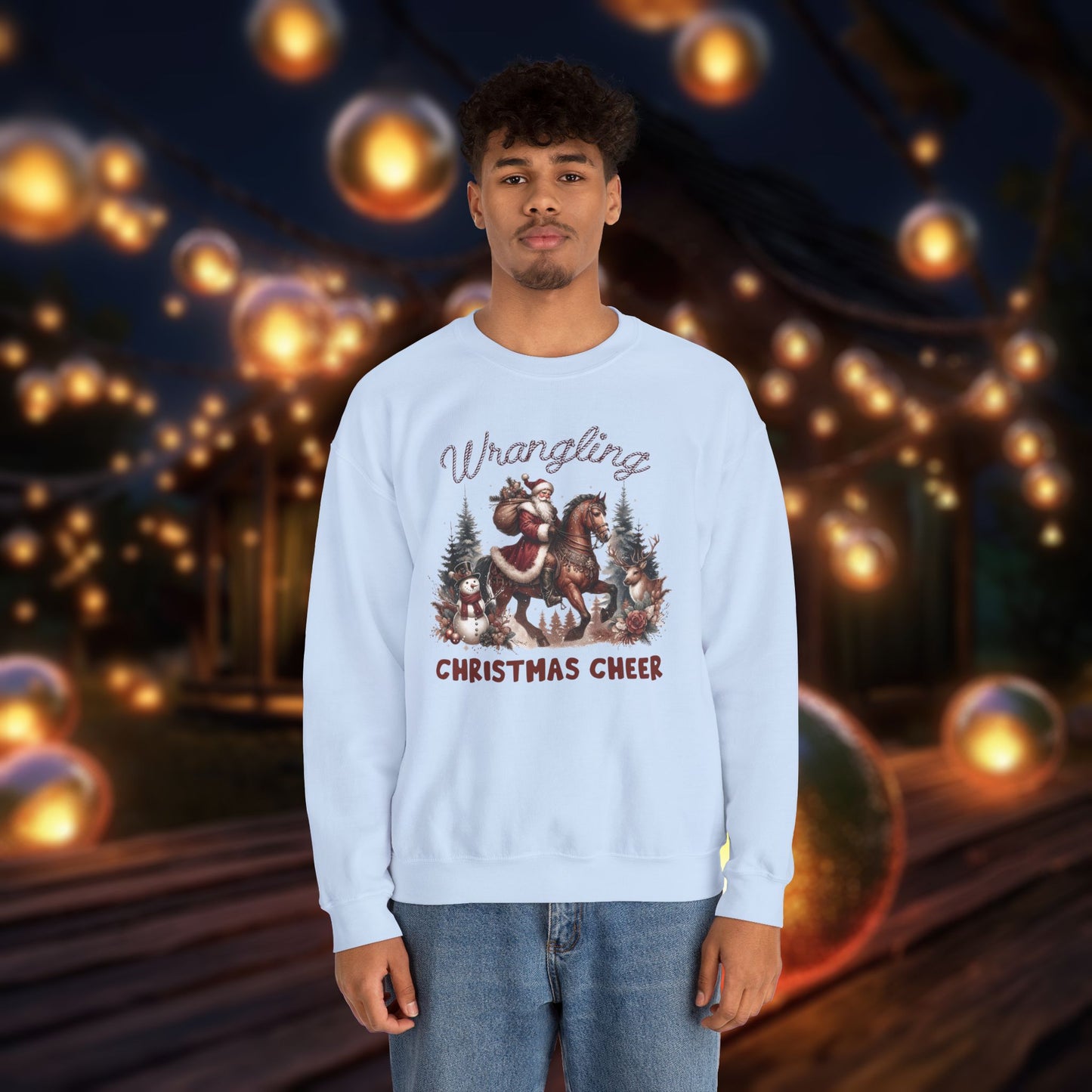 Christmas Western Sweatshirt with Santa on Horse and Snowman