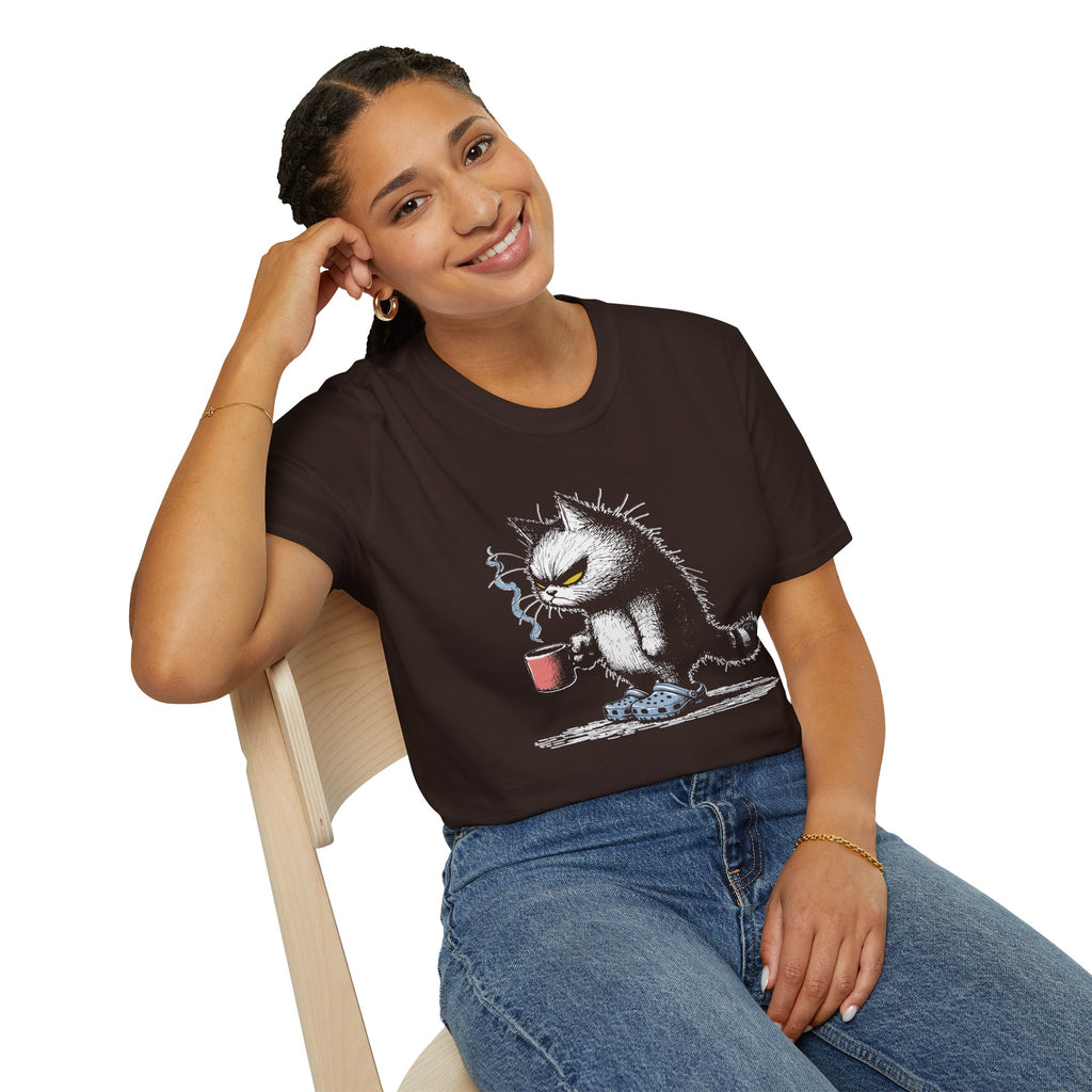 Grumpy Cat with Coffee T-Shirt — Moody Morning Cat Graphic Tee