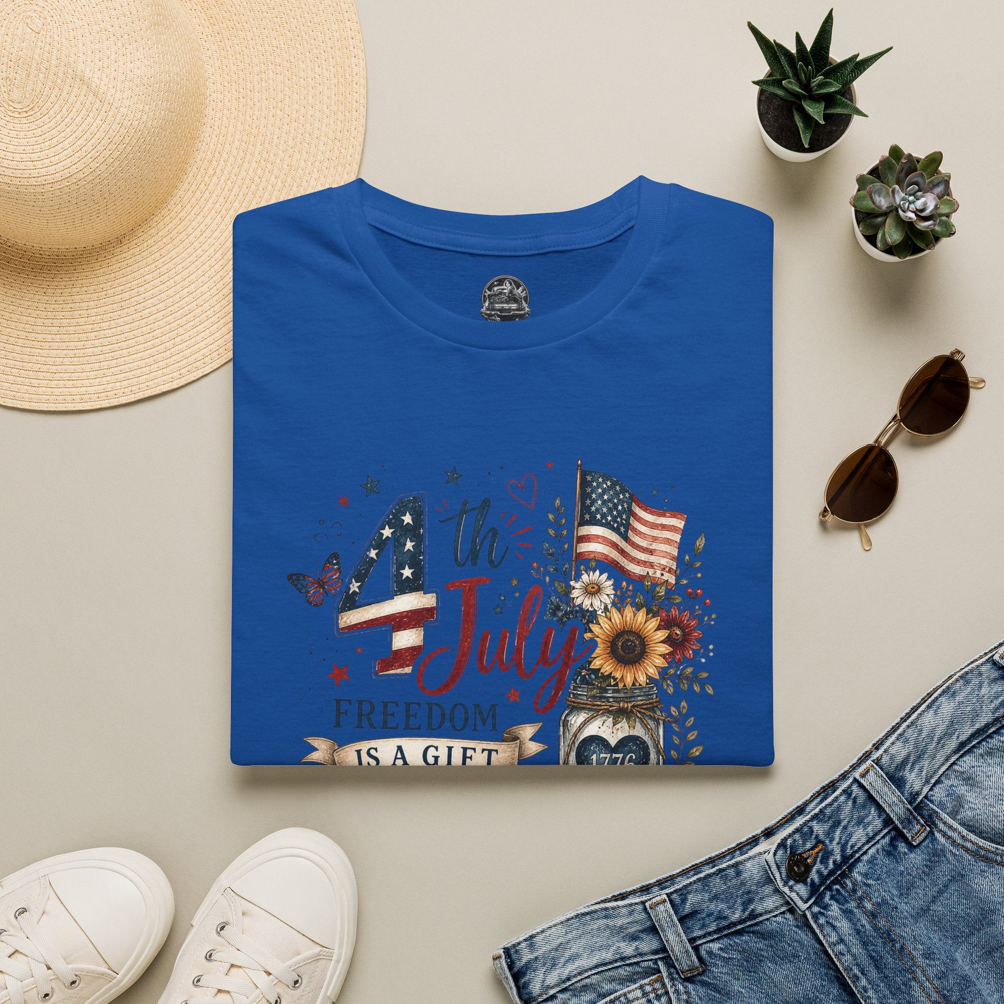 4th of July T-Shirt — "Freedom Is A Gift" Patriotic American Flag & Sunflower Tee