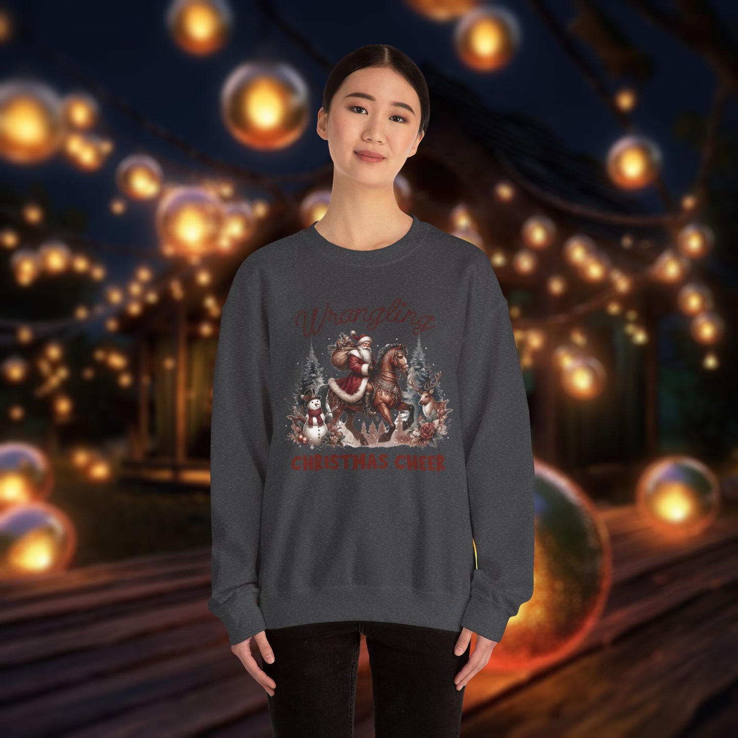 Christmas Western Sweatshirt with Santa on Horse and Snowman