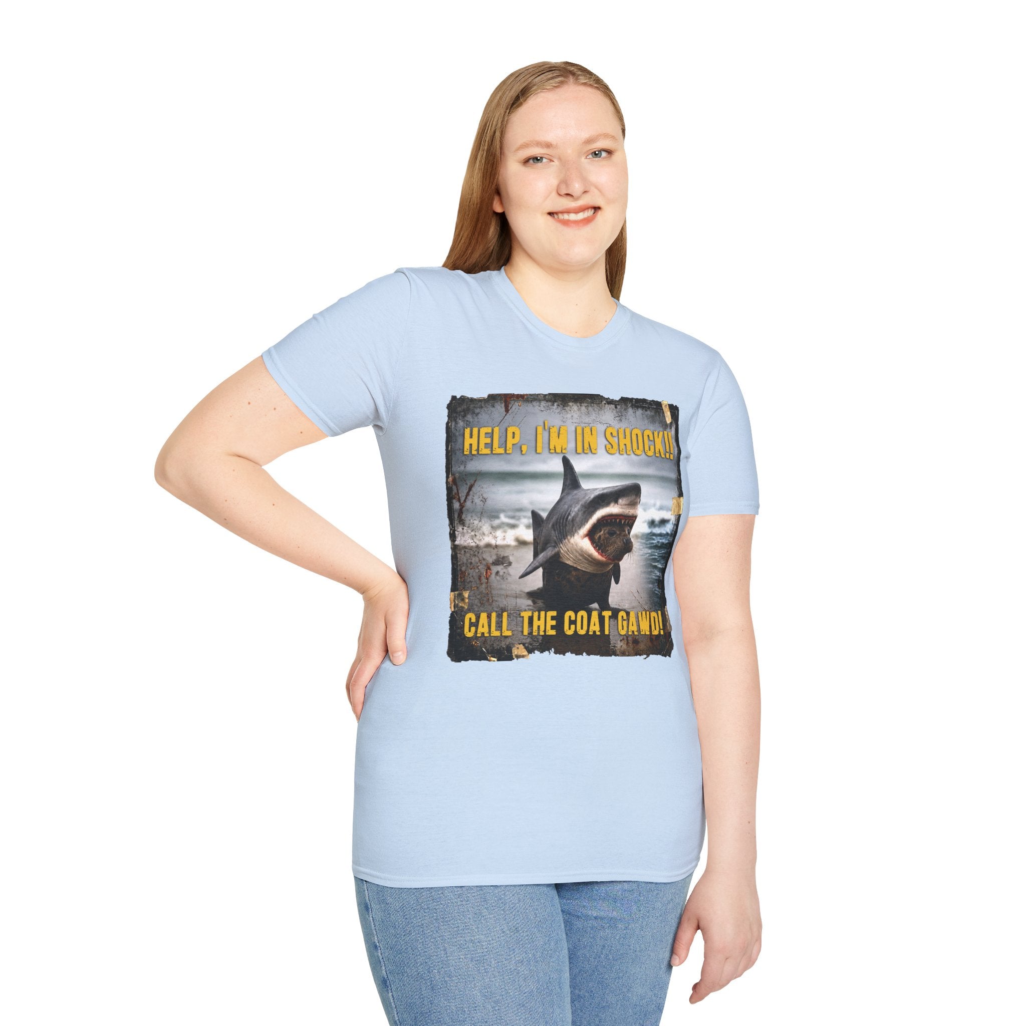 Shark Graphic T-Shirt — "Help, I'm in Shock!" Funny Beachwear