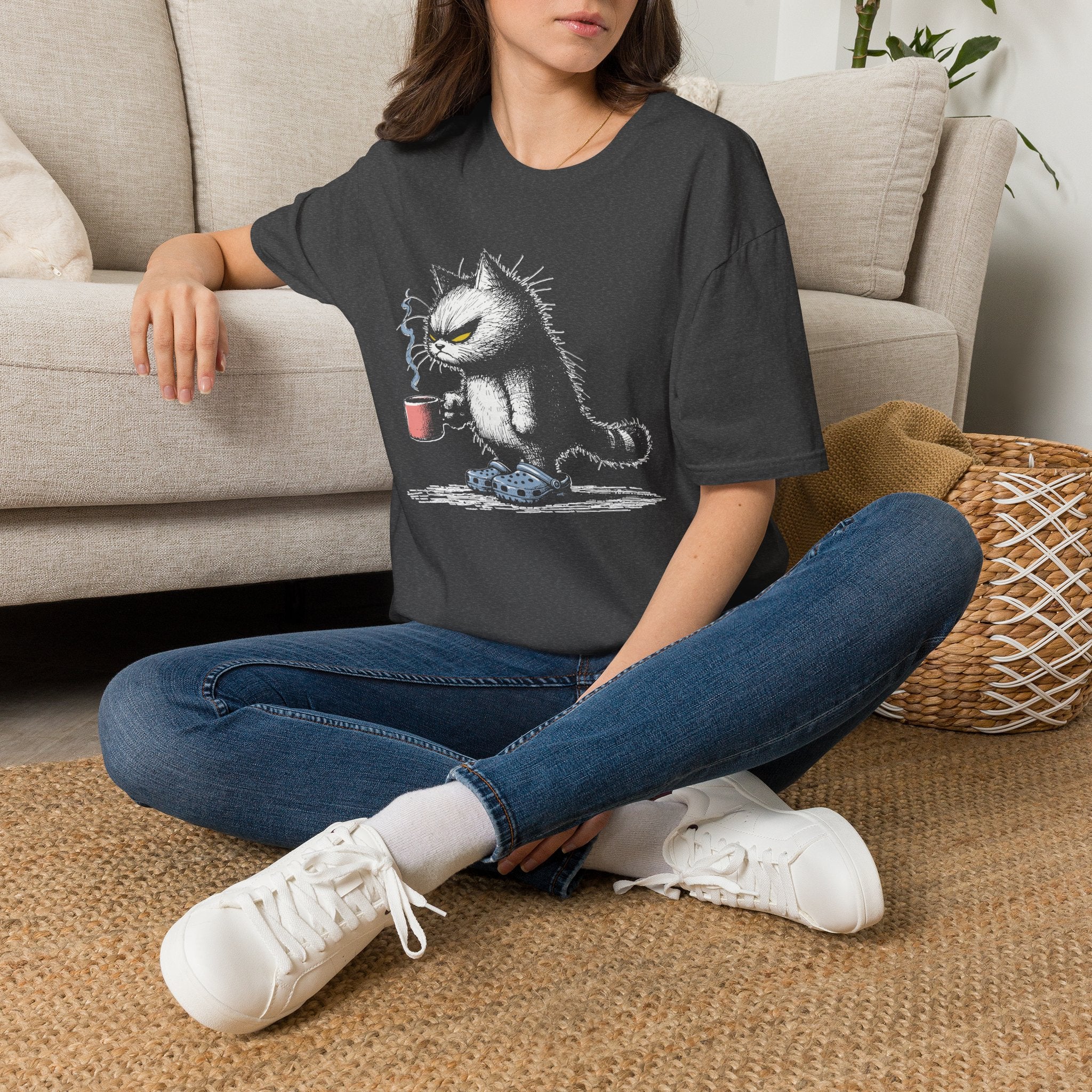 Grumpy Cat with Coffee T-Shirt — Moody Morning Cat Graphic Tee
