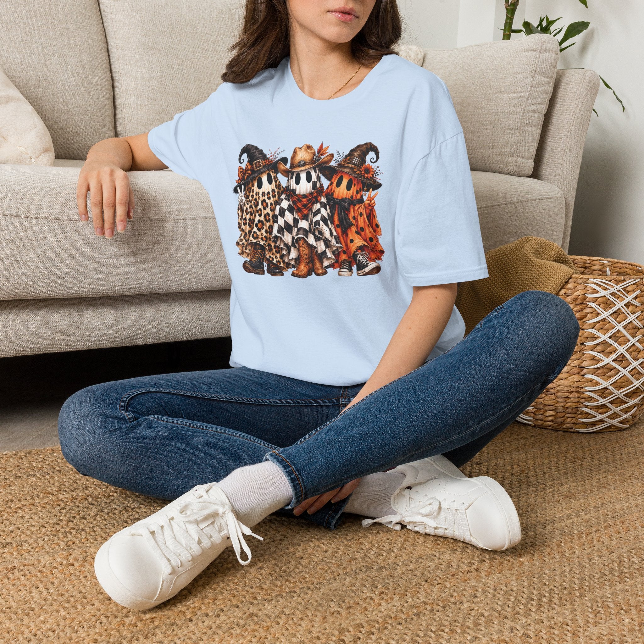 Halloween Pumpkin Crew T-Shirt — Leopard & Buffalo Plaid Spooky Friends