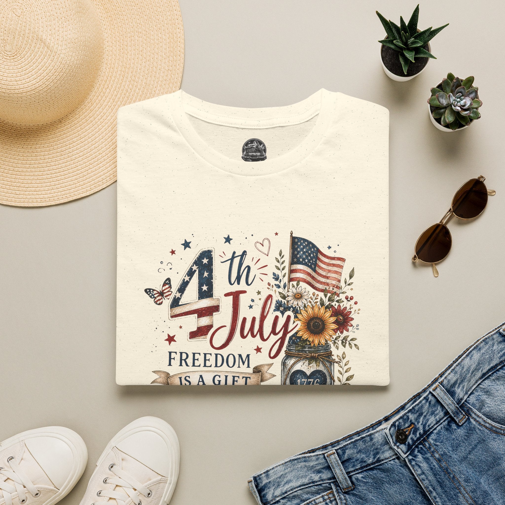 4th of July T-Shirt — "Freedom Is A Gift" Patriotic American Flag & Sunflower Tee
