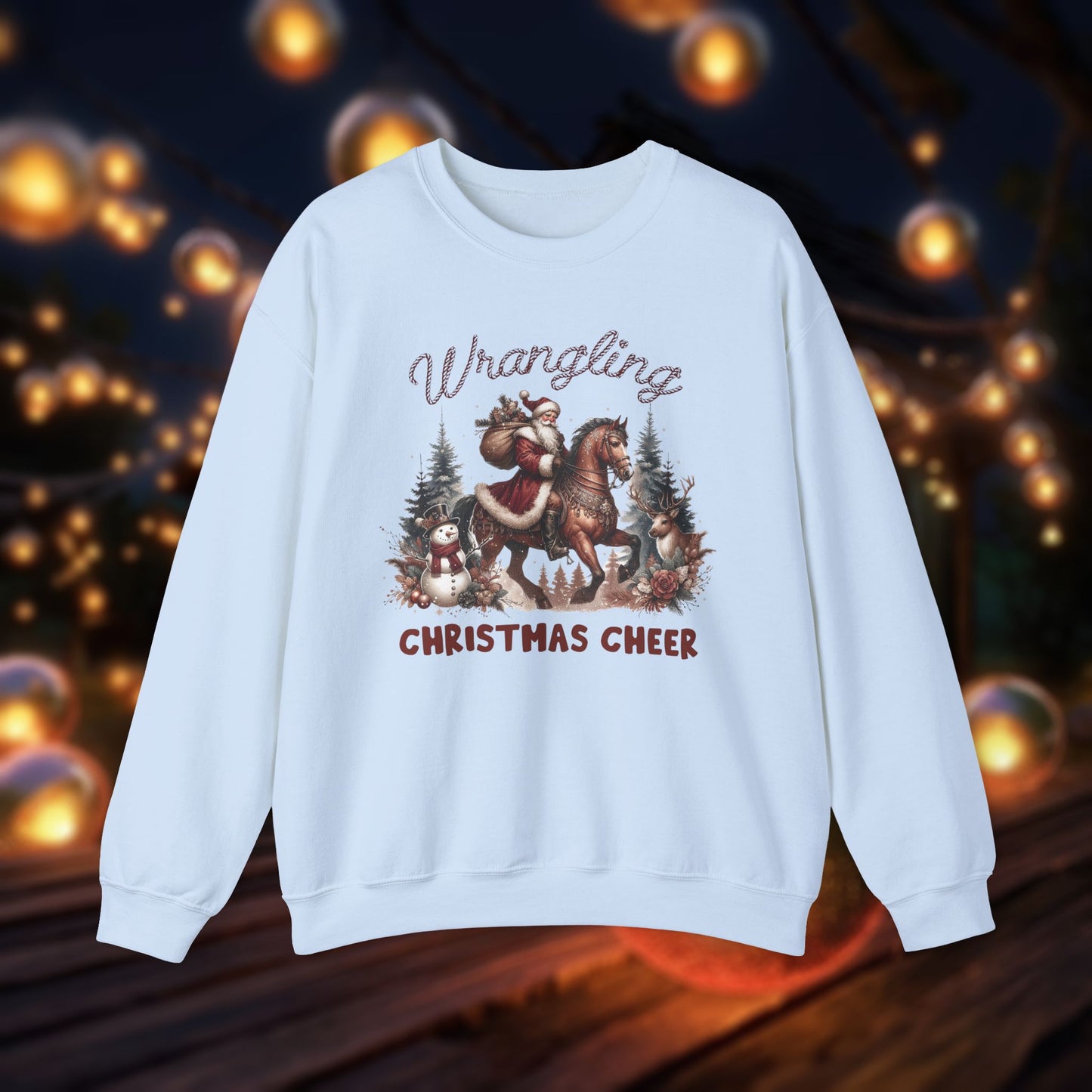 Christmas Western Sweatshirt with Santa on Horse and Snowman