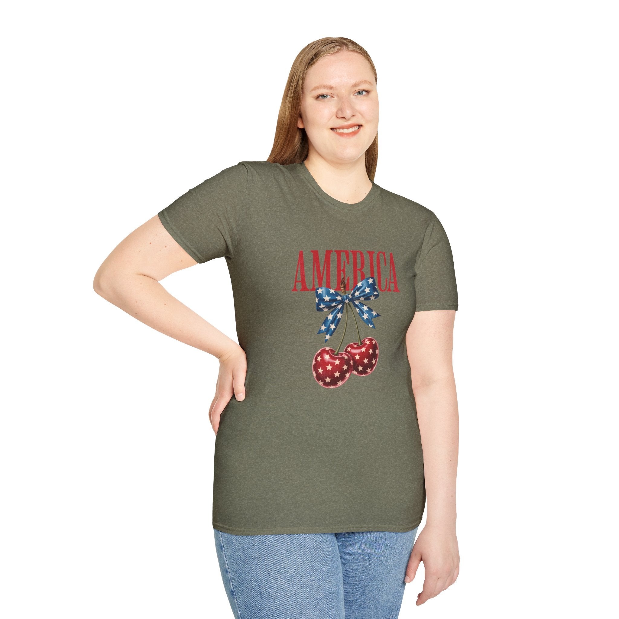 America Cherry Graphic T‑Shirt — Patriotic Stars & Stripes Bow Tee