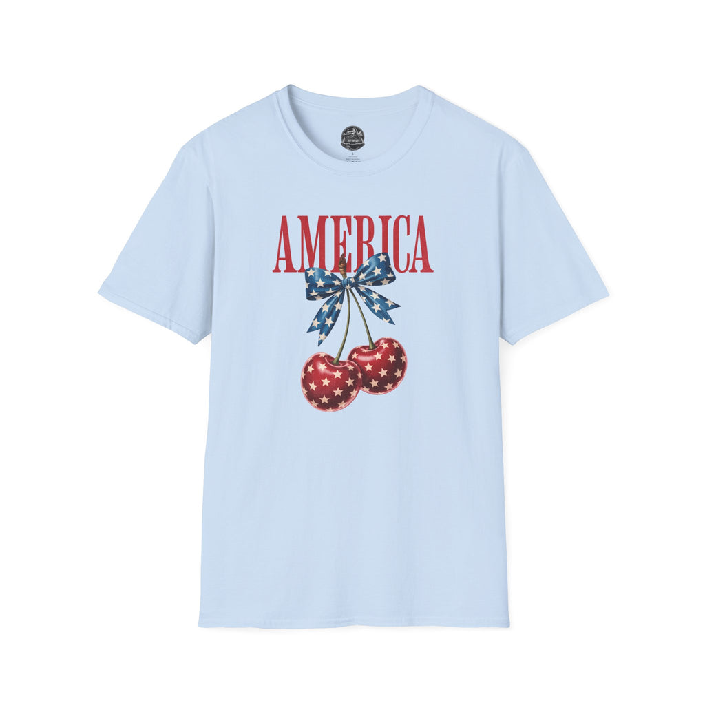 Patriotic Cherry T-Shirt — Glossy Stars & Vintage “AMERICA” Design