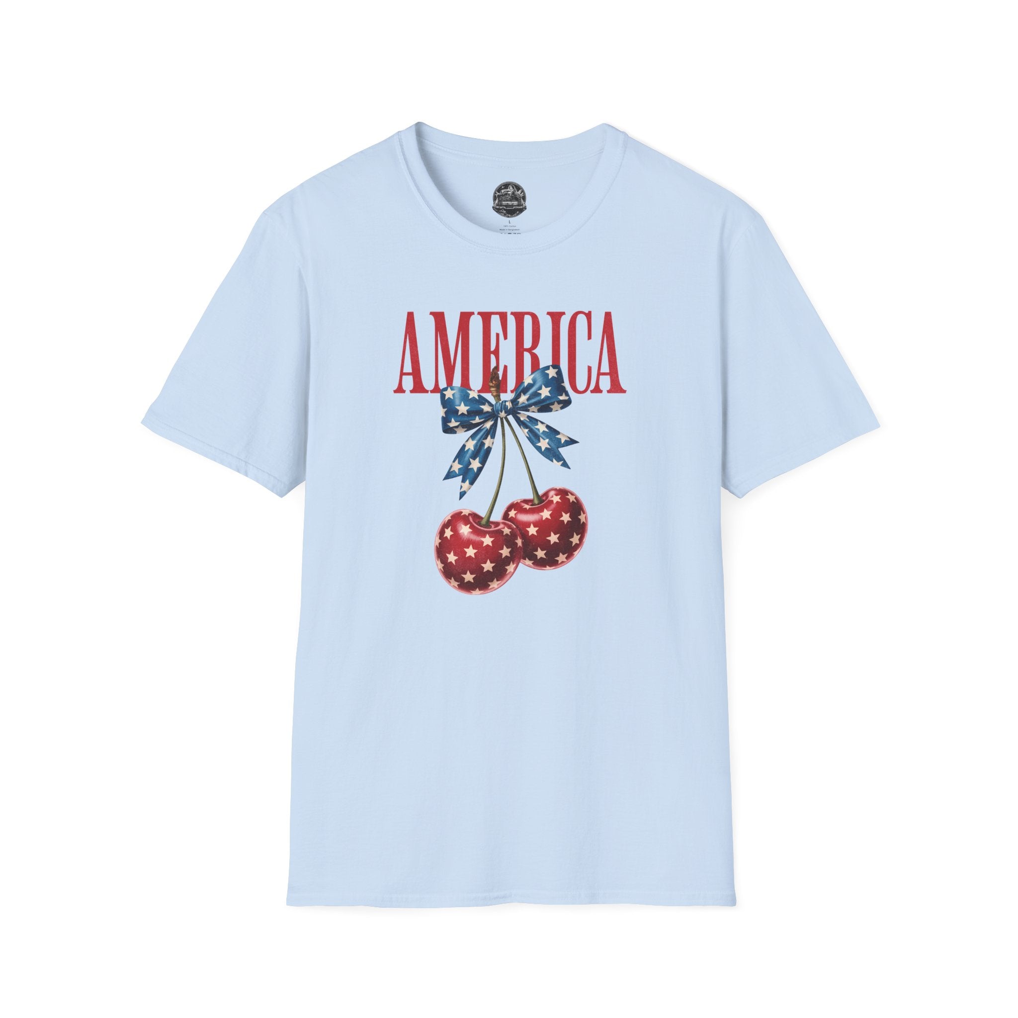 Patriotic Cherry T-Shirt — Glossy Stars & Vintage “AMERICA” Design