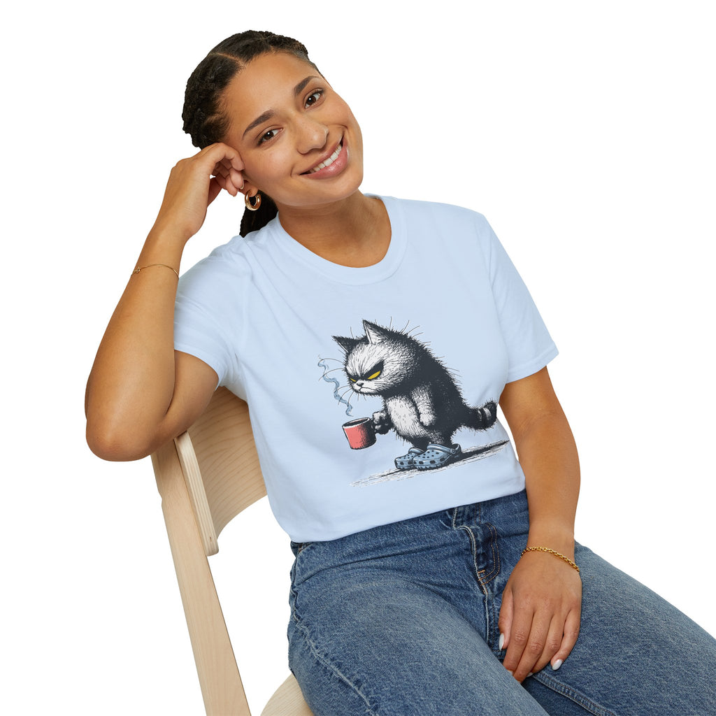Cat Coffee T-Shirt — Grumpy Cat Holding Mug Illustration