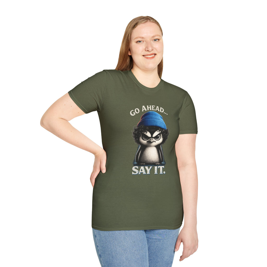 Penguin Graphic T-Shirt — "Go Ahead... Say It." Casual Statement Tee