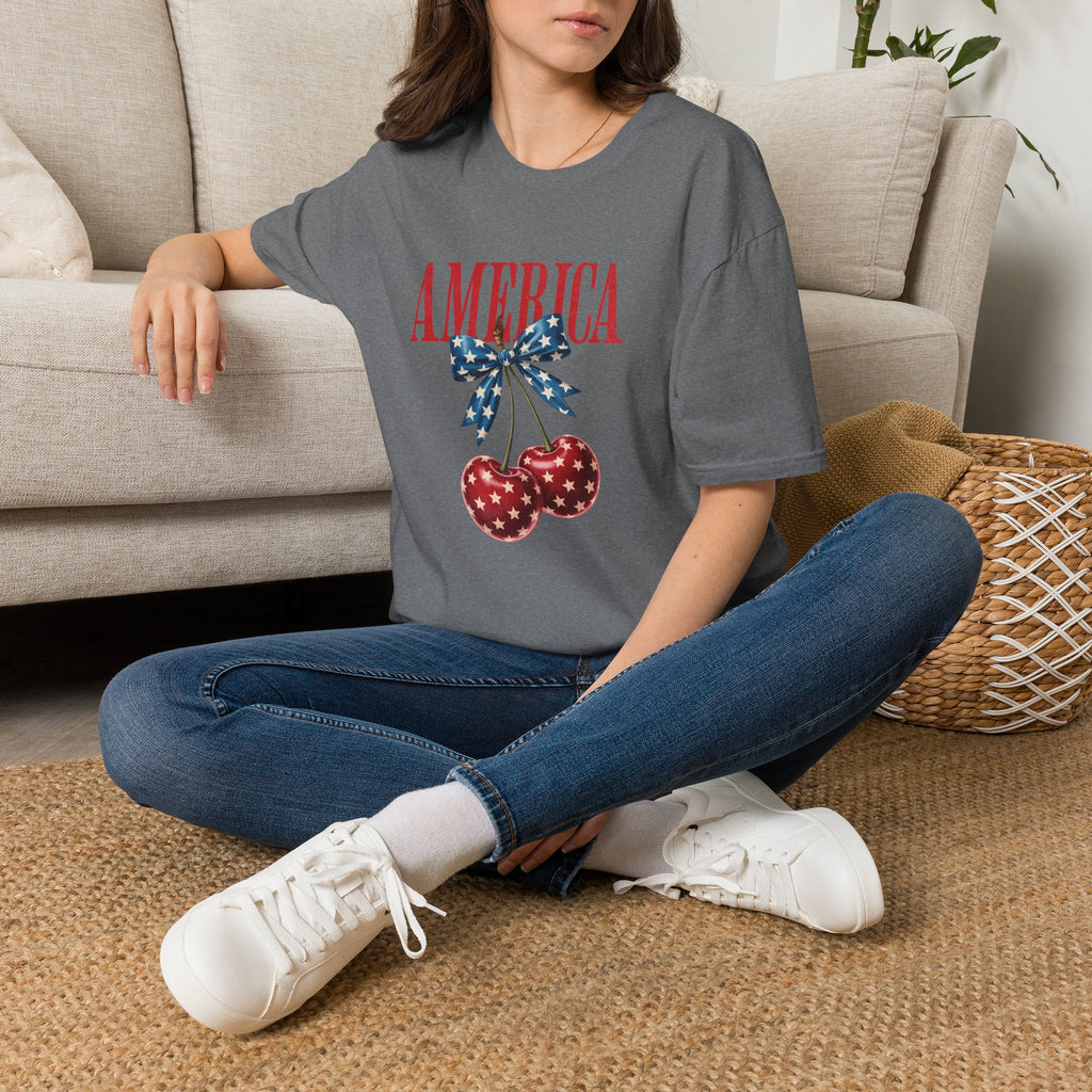 America Cherry Graphic T‑Shirt — Patriotic Stars & Stripes Bow Tee