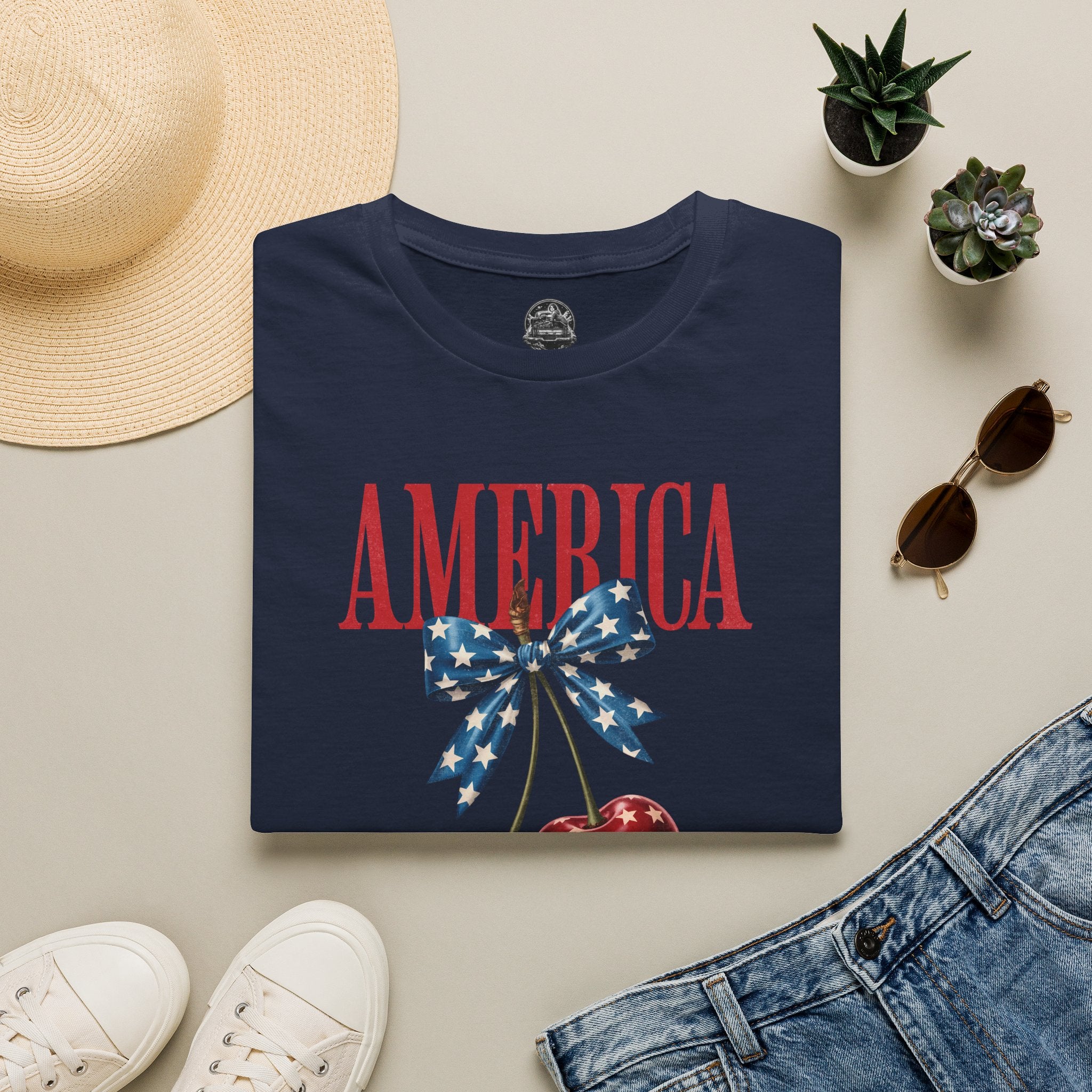 Patriotic Cherry T-Shirt — Glossy Stars & Vintage “AMERICA” Design