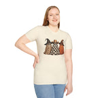 Halloween Ghost Trio T-Shirt — Leopard, Checker & Pumpkin Hat Design