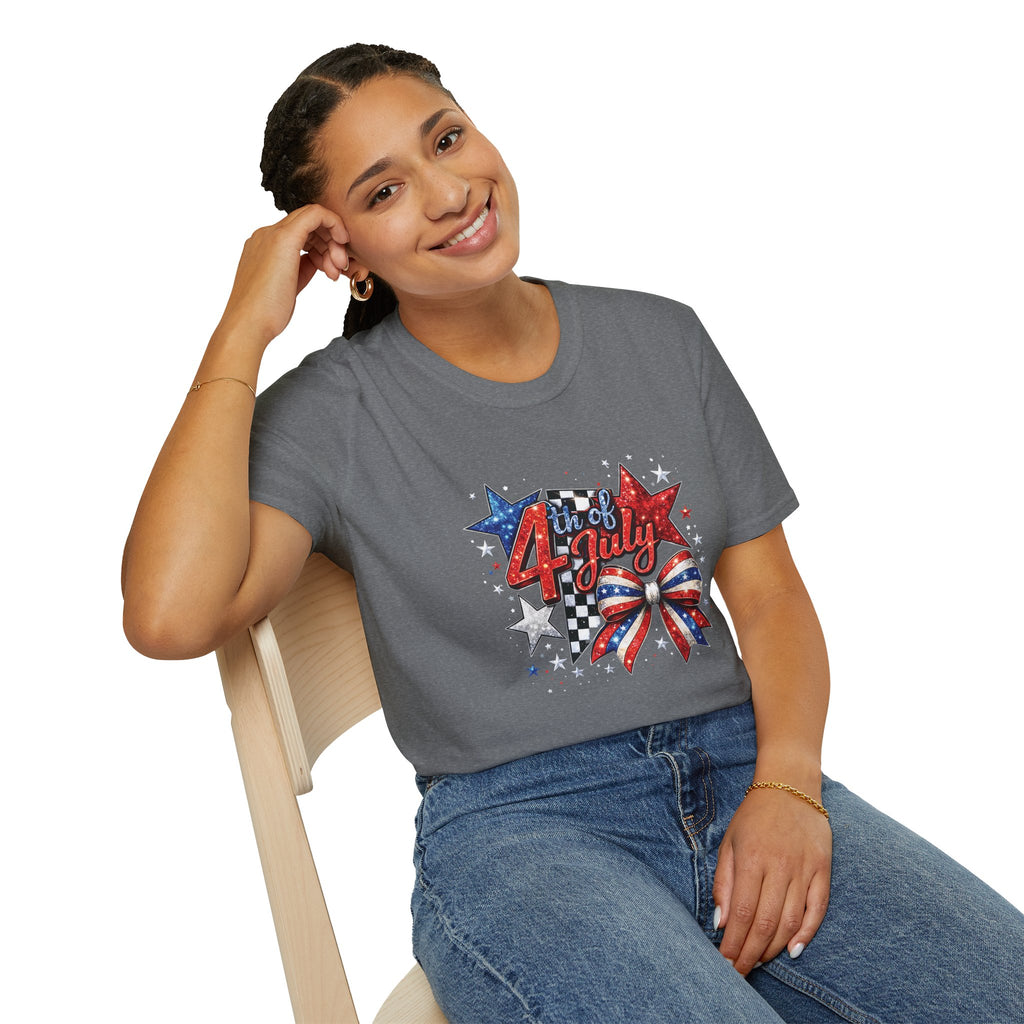 4th of July Patriotic T-Shirt – Red White Blue Stars & Bow Design