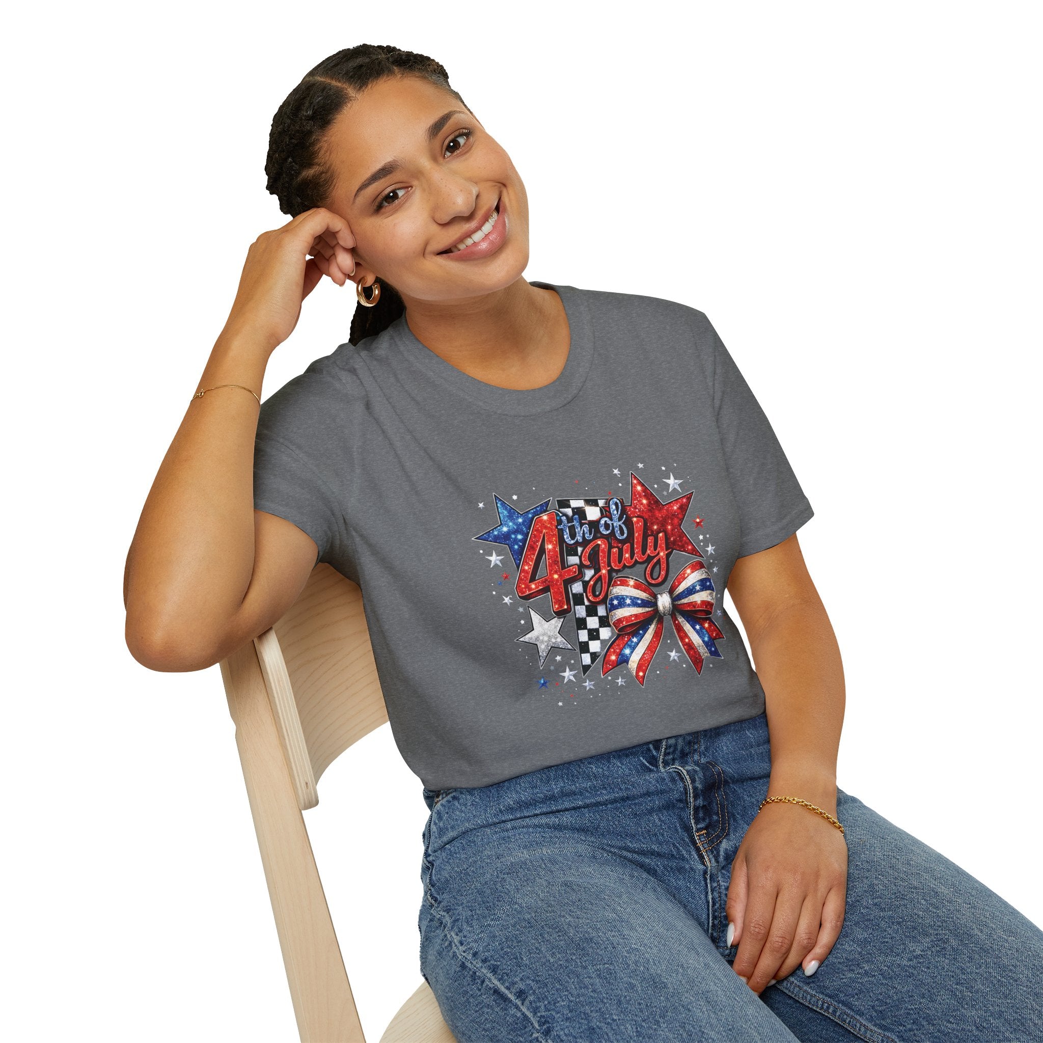 4th of July Patriotic T-Shirt – Red White Blue Stars & Bow Design