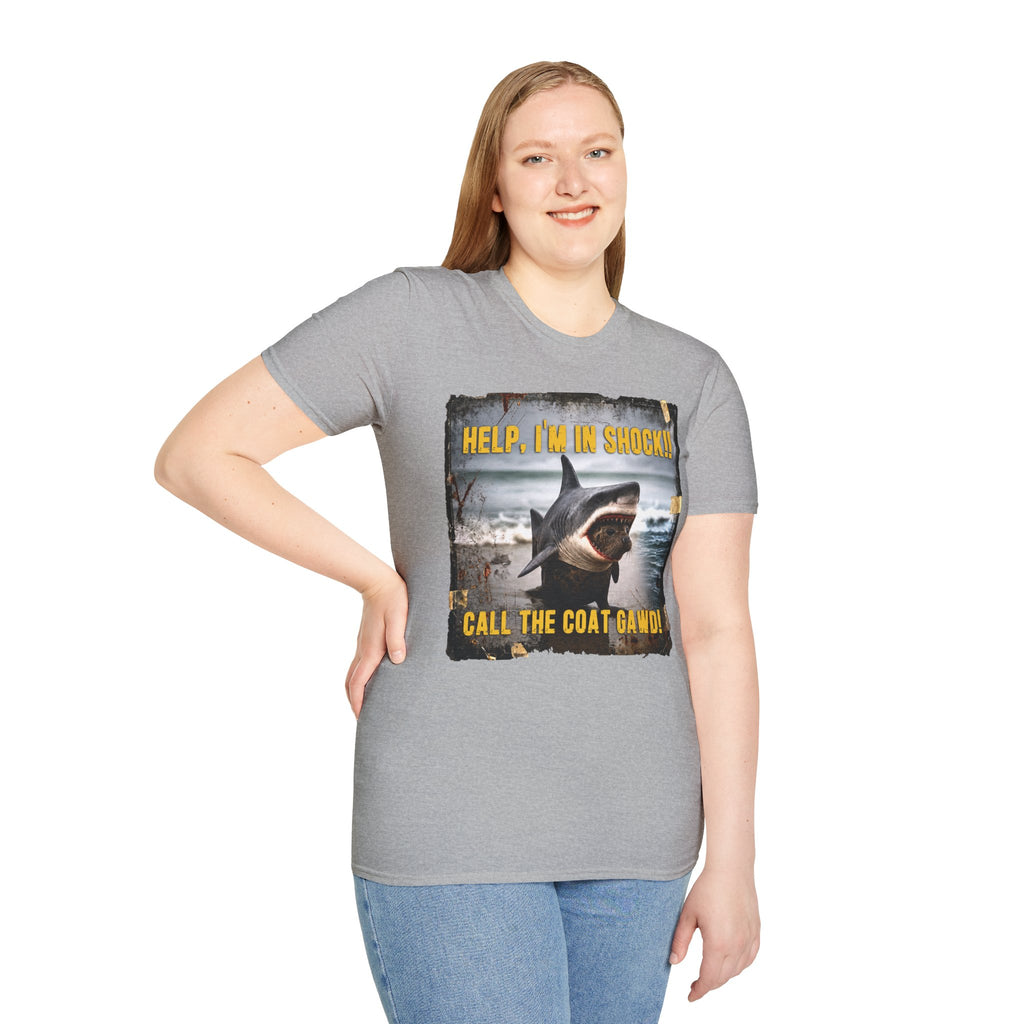 Shark Graphic T-Shirt — "Help, I'm in Shock!" Funny Beachwear