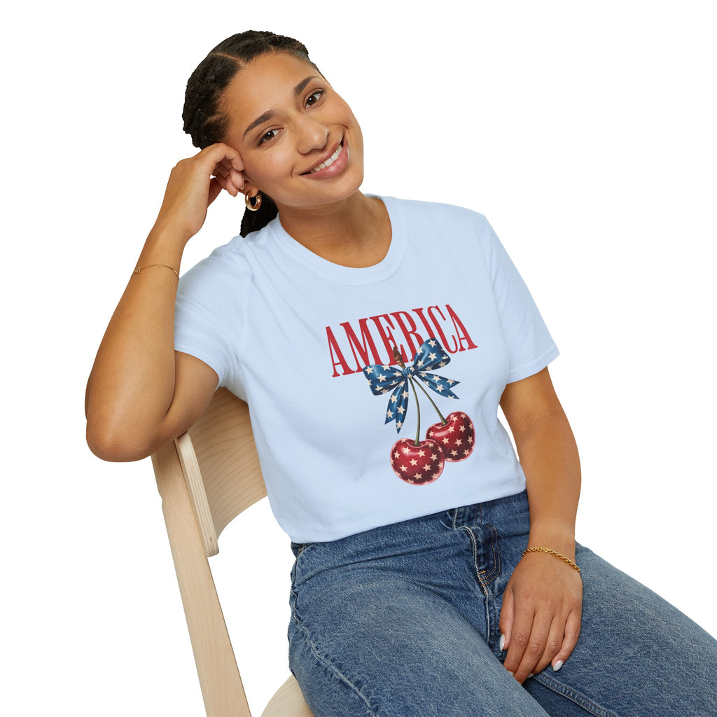 Patriotic Cherry T-Shirt — Glossy Stars & Vintage “AMERICA” Design