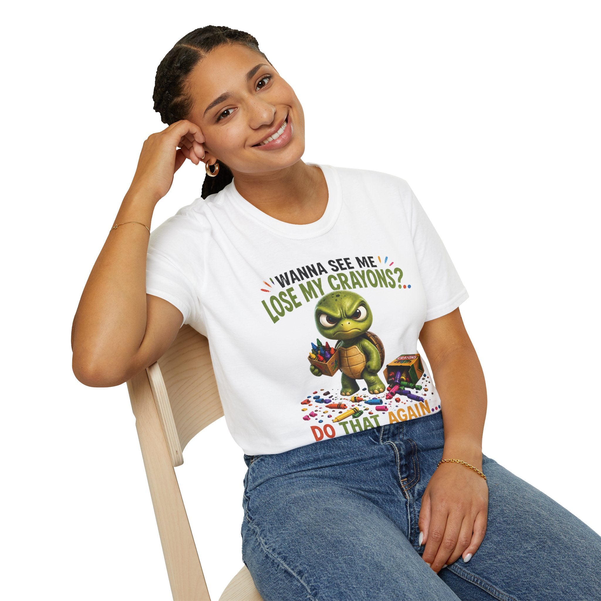 Funny Angry Turtle T-Shirt — “Wanna See Me Lose My Crayons? Do That Again…” — Teacher & Art Lover Tee