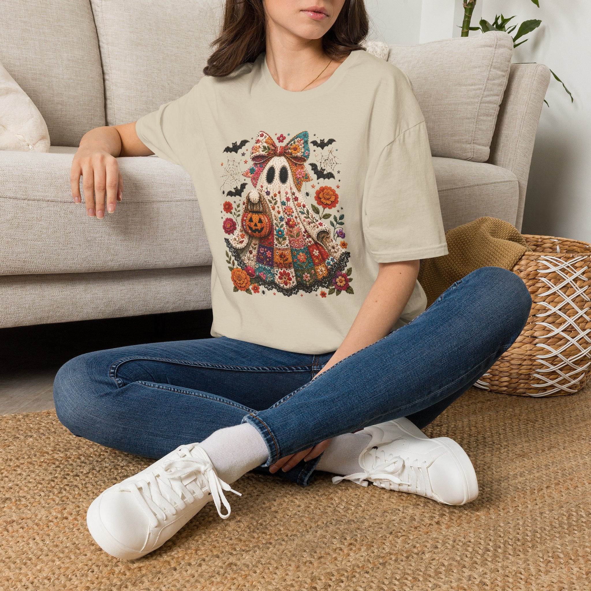 Patchwork Floral Ghost Halloween Shirt | Quilted Boho Ghost with Pumpkin and Bats