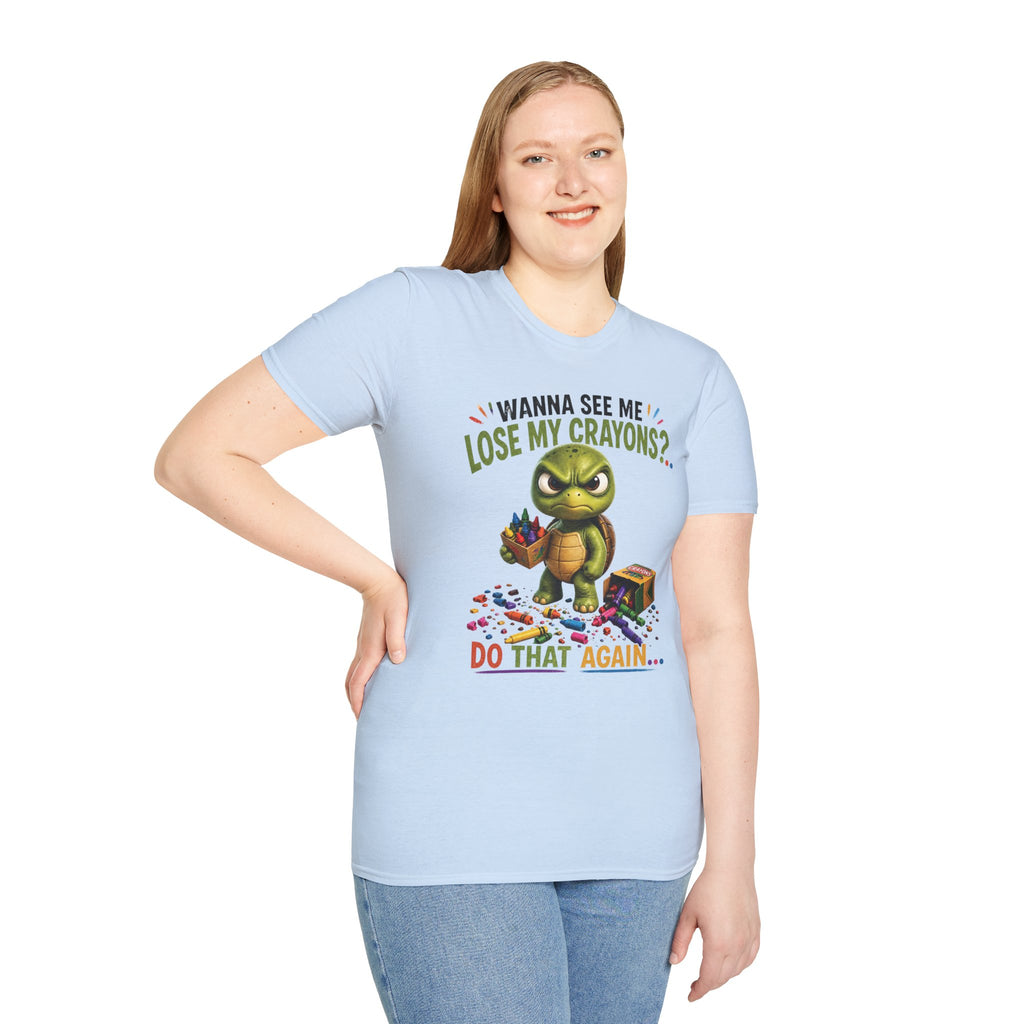Funny Angry Turtle T-Shirt — “Wanna See Me Lose My Crayons? Do That Again…” — Teacher & Art Lover Tee