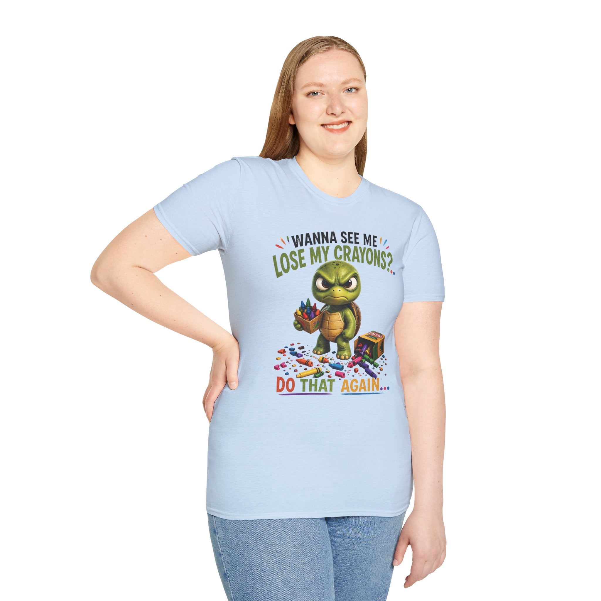 Funny Angry Turtle T-Shirt — “Wanna See Me Lose My Crayons? Do That Again…” — Teacher & Art Lover Tee