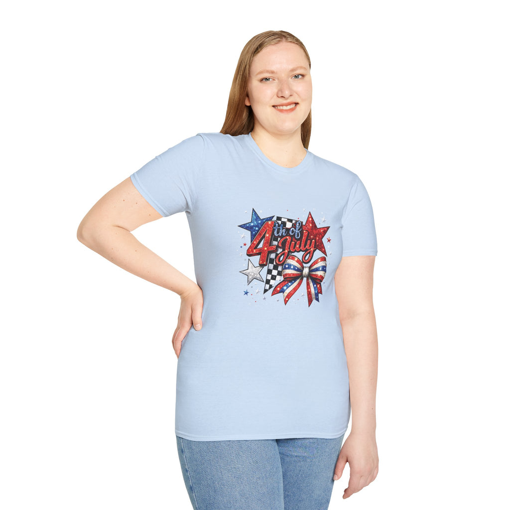 4th of July Patriotic T-Shirt – Red White Blue Stars & Bow Design