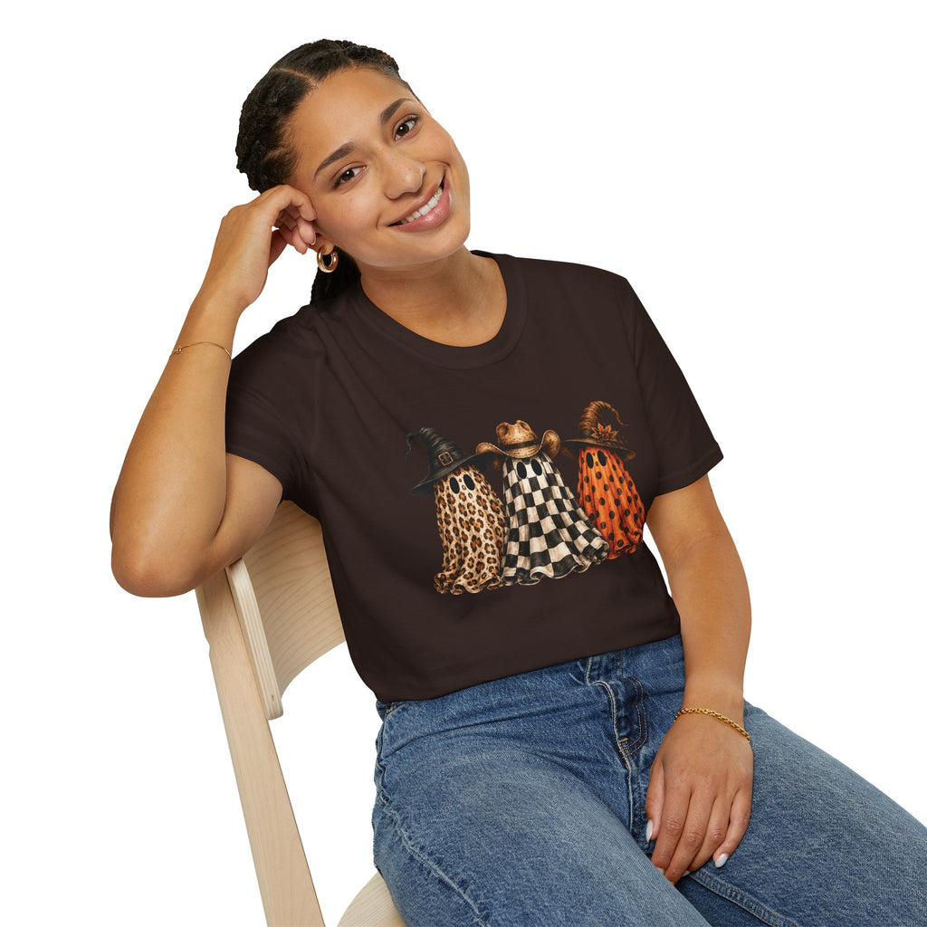 Halloween Ghost Trio T-Shirt — Leopard, Checker & Pumpkin Hat Design