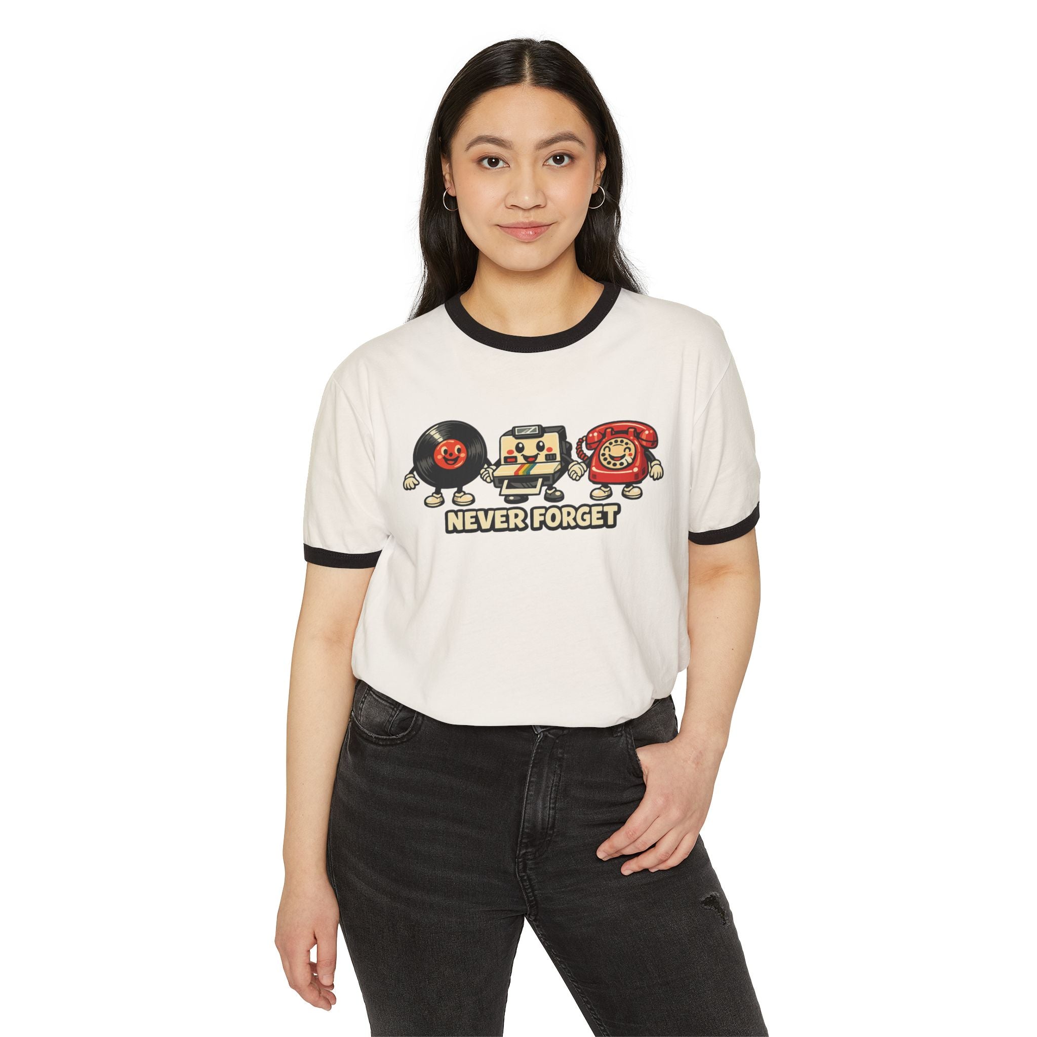 Retro Tech Ringer Tee — "Never Forget" Vinyl, Floppy Disk & Rotary Phone Graphic