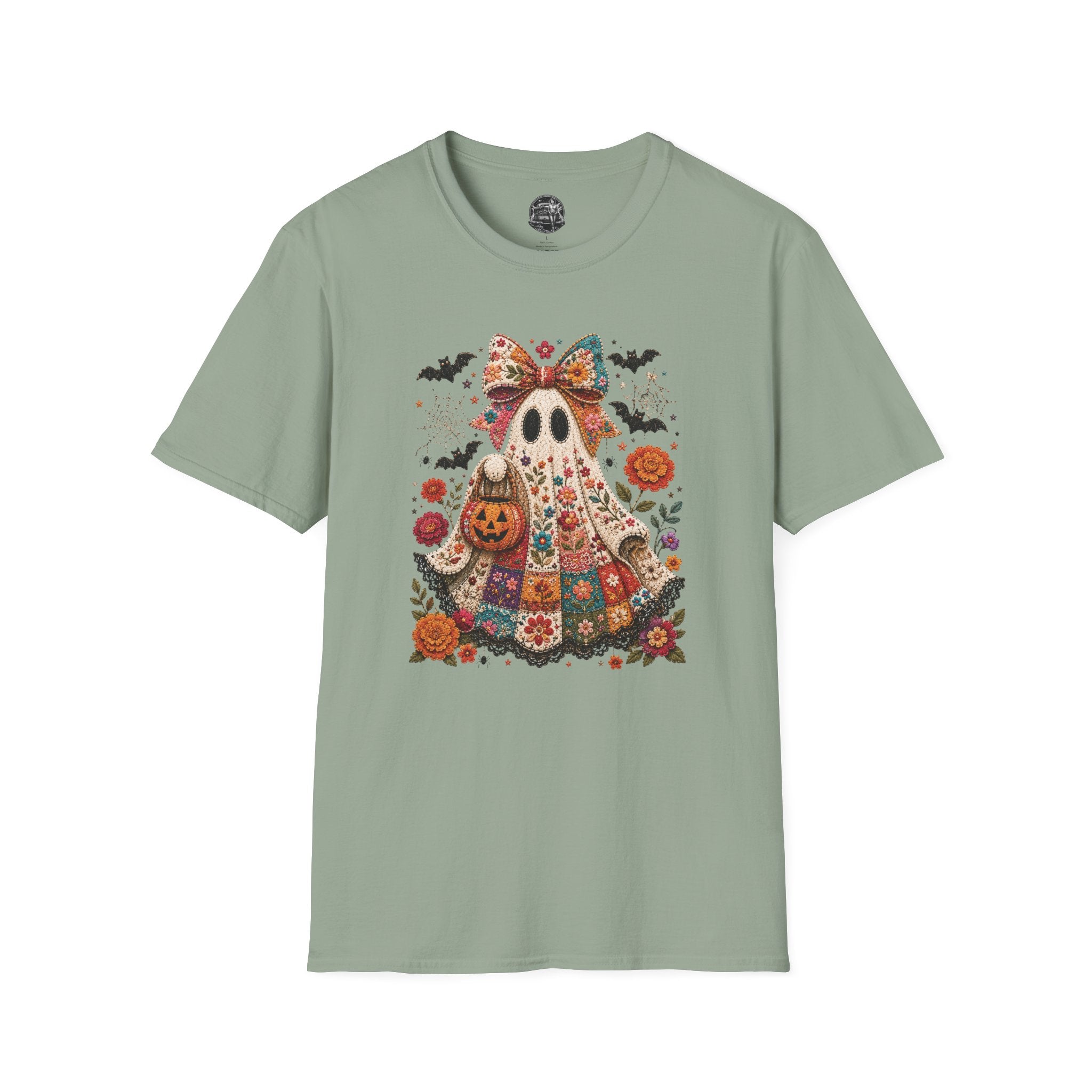 Patchwork Floral Ghost Halloween Shirt | Quilted Boho Ghost with Pumpkin and Bats