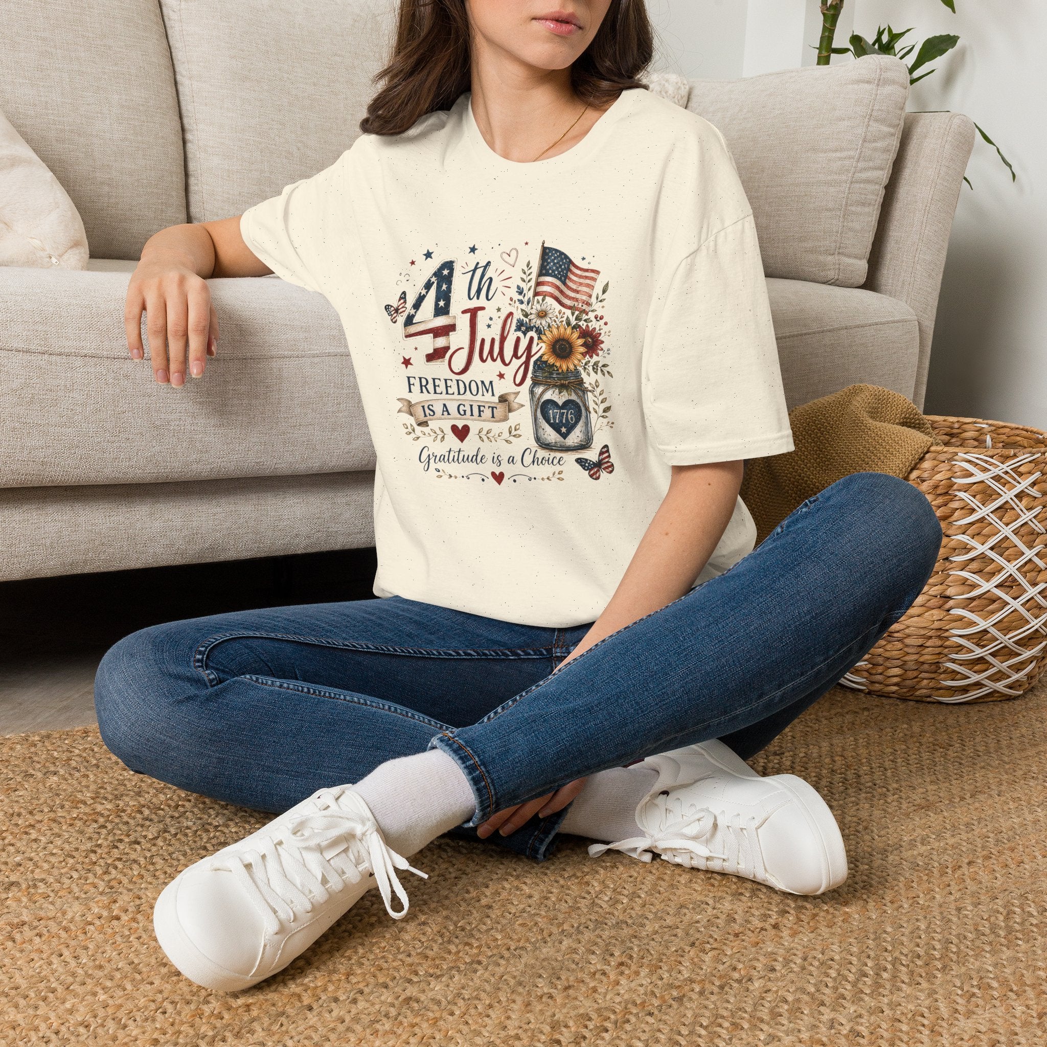 4th of July T-Shirt — "Freedom Is A Gift" Patriotic American Flag & Sunflower Tee