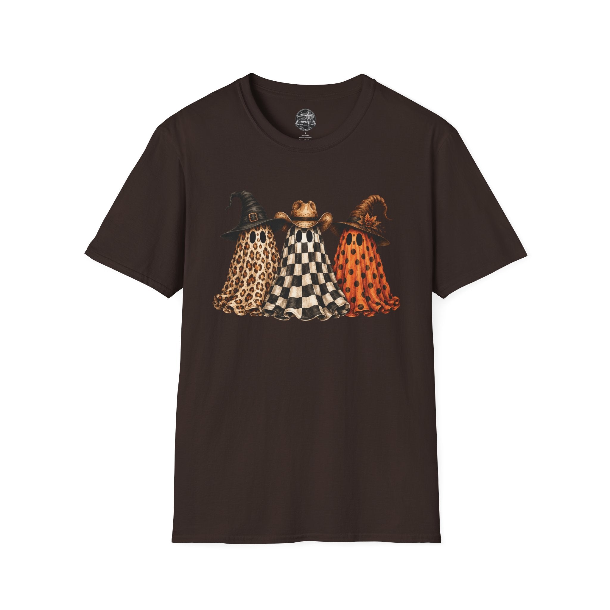 Halloween Ghost Trio T-Shirt — Leopard, Checker & Pumpkin Hat Design