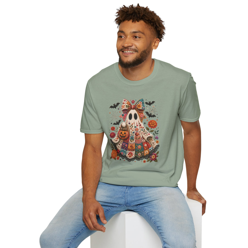 Patchwork Floral Ghost Halloween Shirt | Quilted Boho Ghost with Pumpkin and Bats
