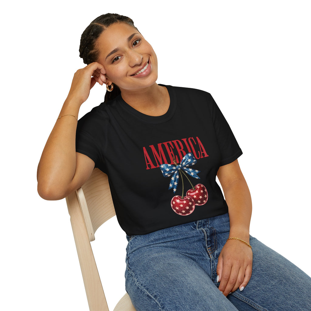 America Cherry Graphic T‑Shirt — Patriotic Stars & Stripes Bow Tee
