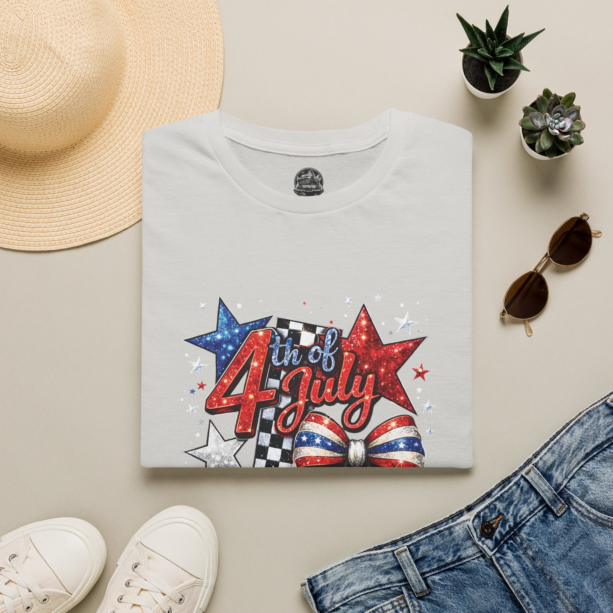 4th of July Patriotic T-Shirt – Red White Blue Stars & Bow Design