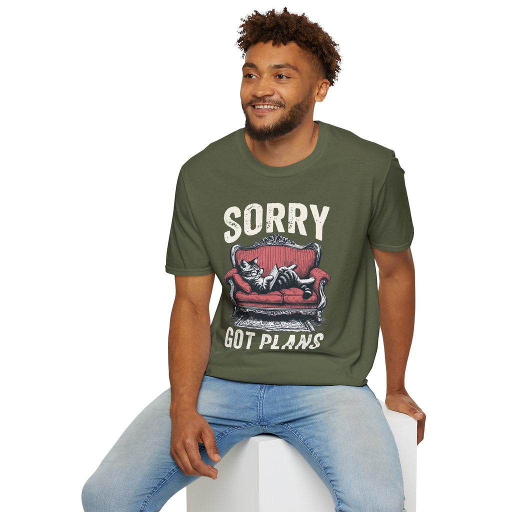 Sorry, Got Plans T‑Shirt — Cat on Couch Funny Lazy Day Tee