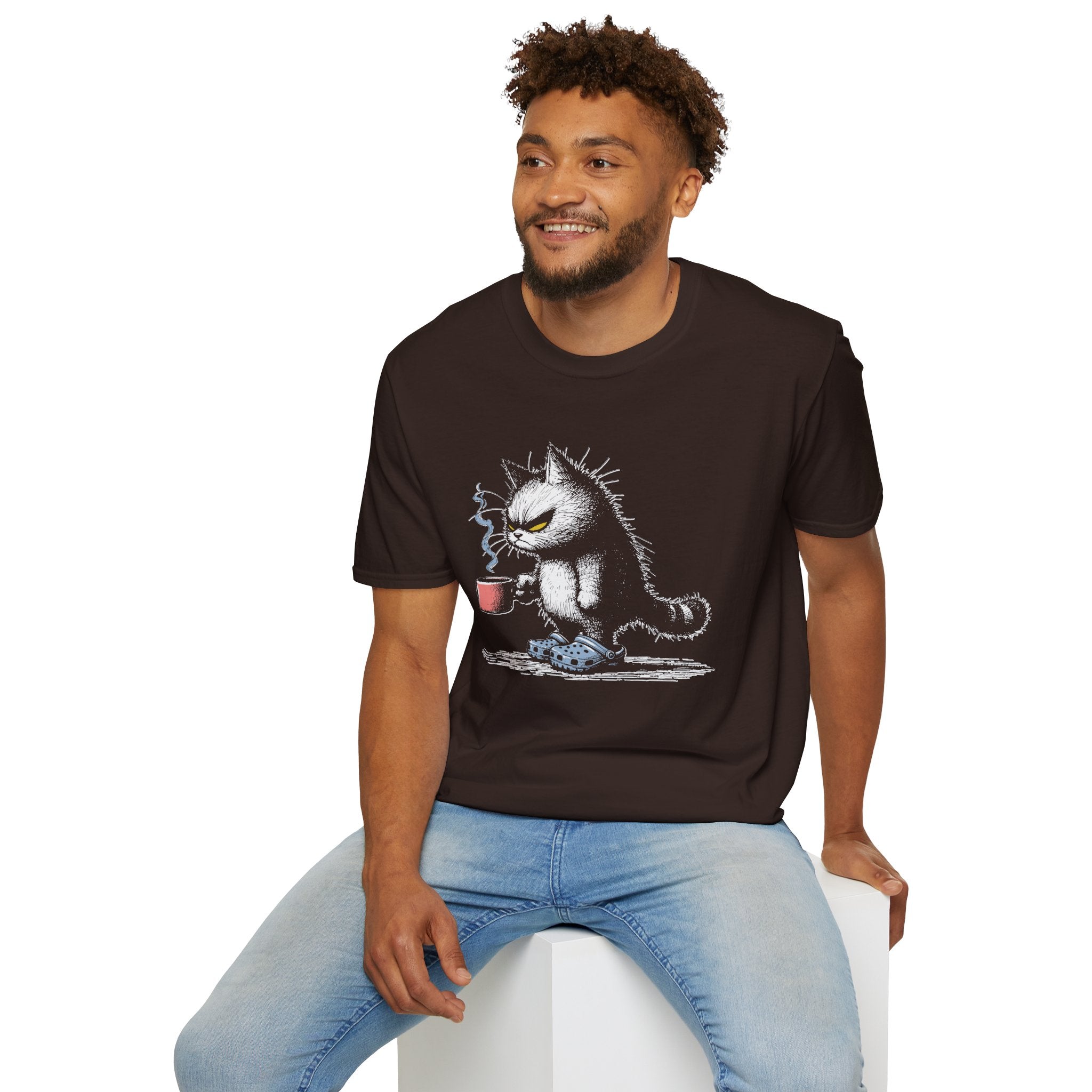Grumpy Cat with Coffee T-Shirt — Moody Morning Cat Graphic Tee