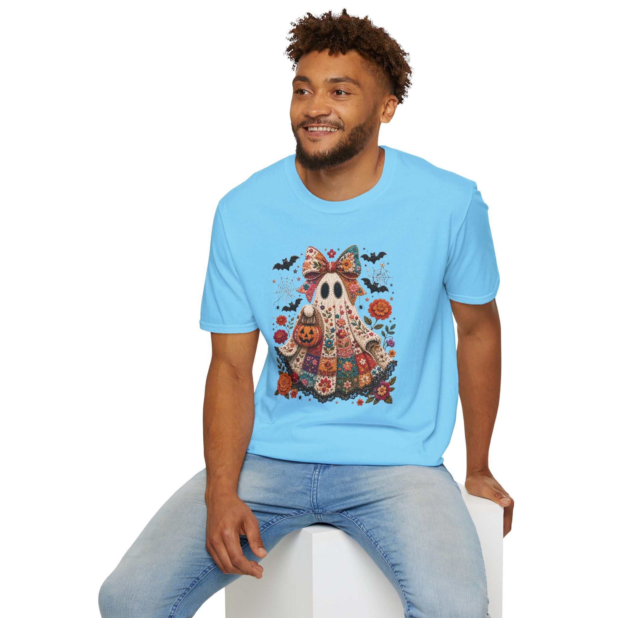Patchwork Floral Ghost Halloween Shirt | Quilted Boho Ghost with Pumpkin and Bats