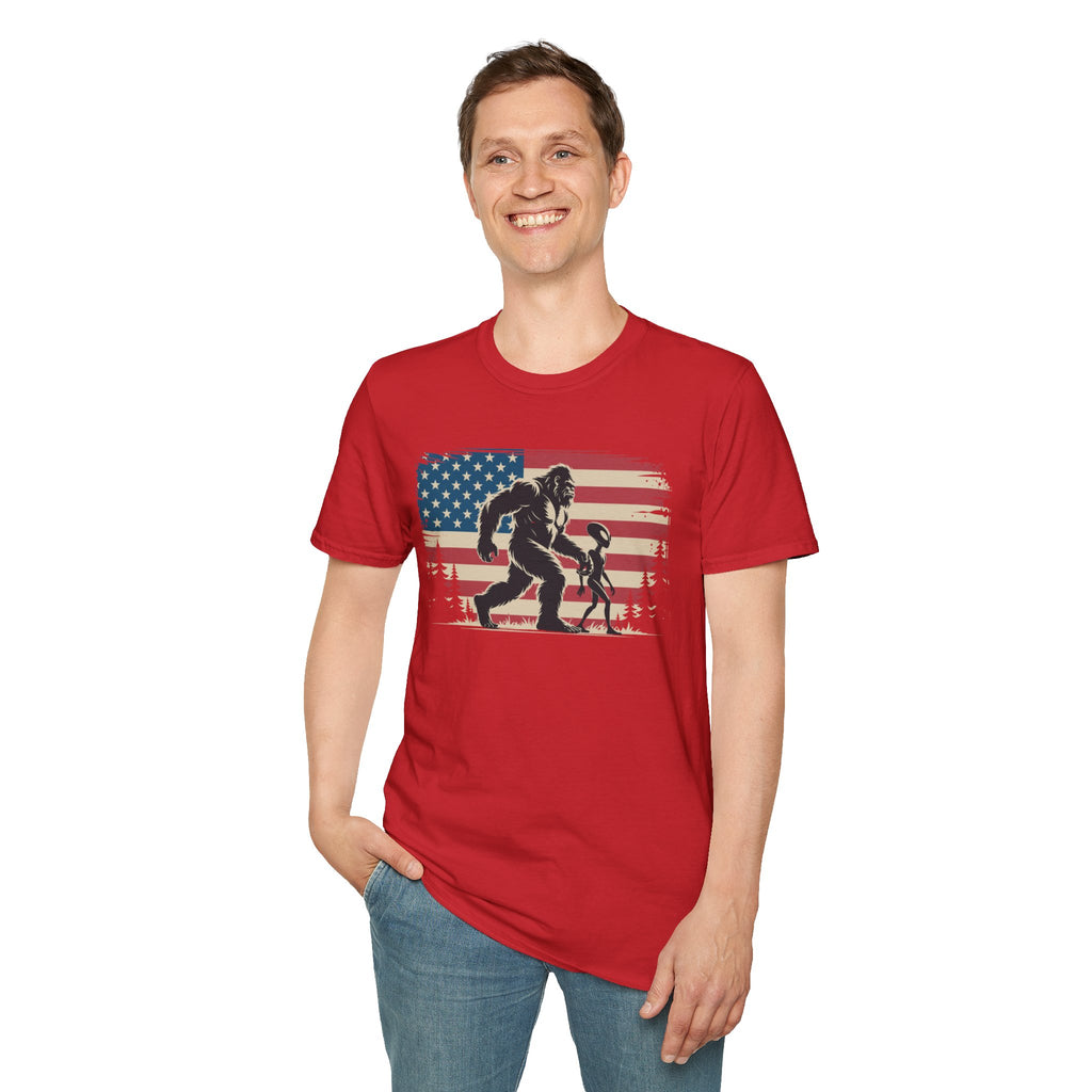 Bigfoot & Alien Patriotic T-Shirt — Distressed Flag Cryptid Design