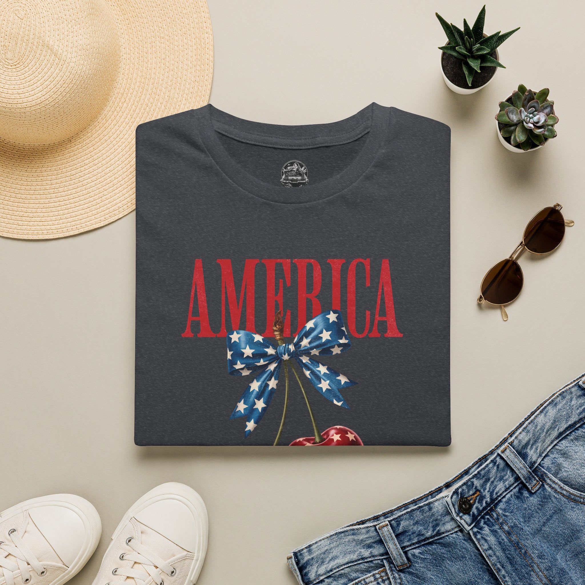 Patriotic Cherry T-Shirt — Glossy Stars & Vintage “AMERICA” Design