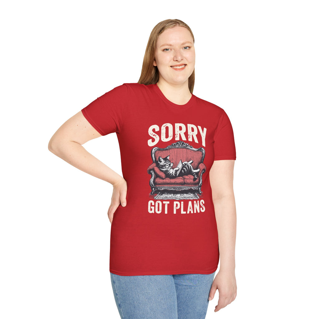 Sorry, Got Plans T‑Shirt — Cat on Couch Funny Lazy Day Tee