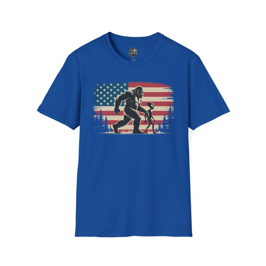 Bigfoot & Alien Patriotic T-Shirt — Distressed Flag Cryptid Design