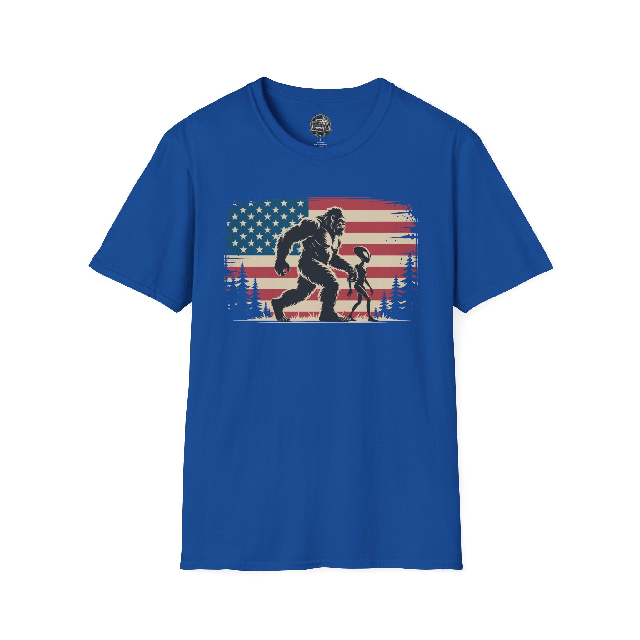 Bigfoot & Alien Patriotic T-Shirt — Distressed Flag Cryptid Design
