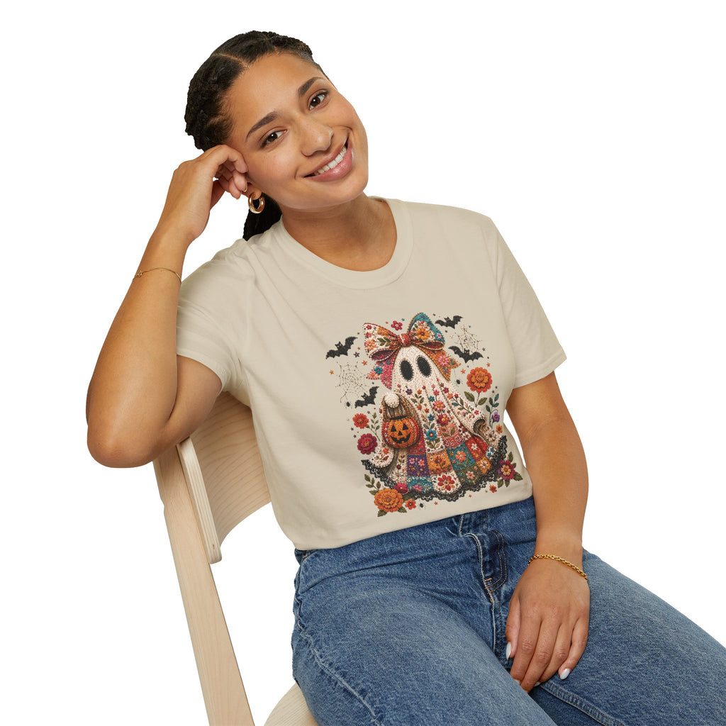 Patchwork Floral Ghost Halloween Shirt | Quilted Boho Ghost with Pumpkin and Bats