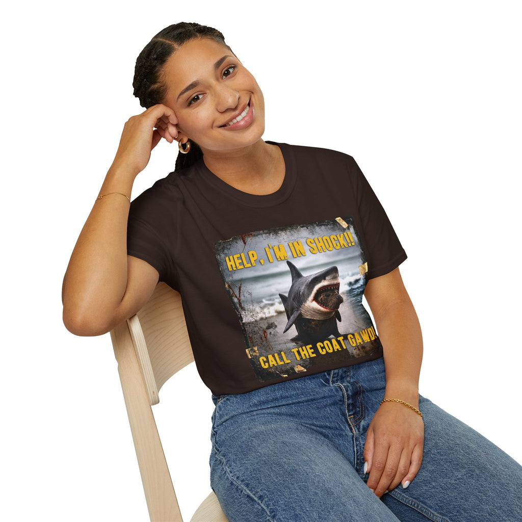 Shark Graphic T-Shirt — "Help, I'm in Shock!" Funny Beachwear