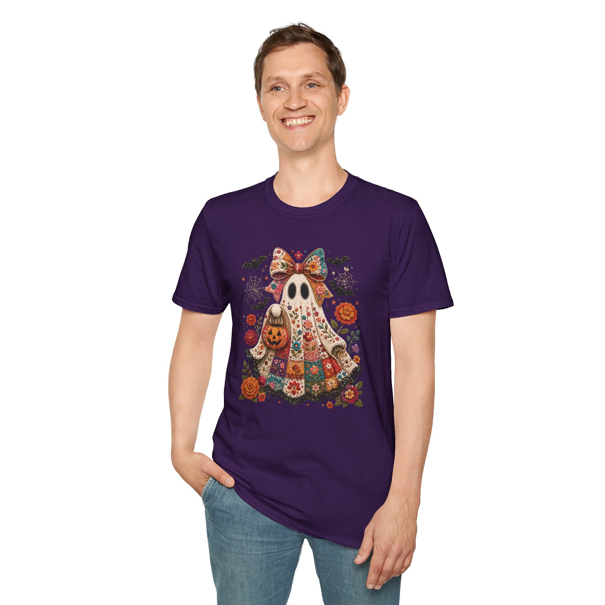 Patchwork Floral Ghost Halloween Shirt | Quilted Boho Ghost with Pumpkin and Bats