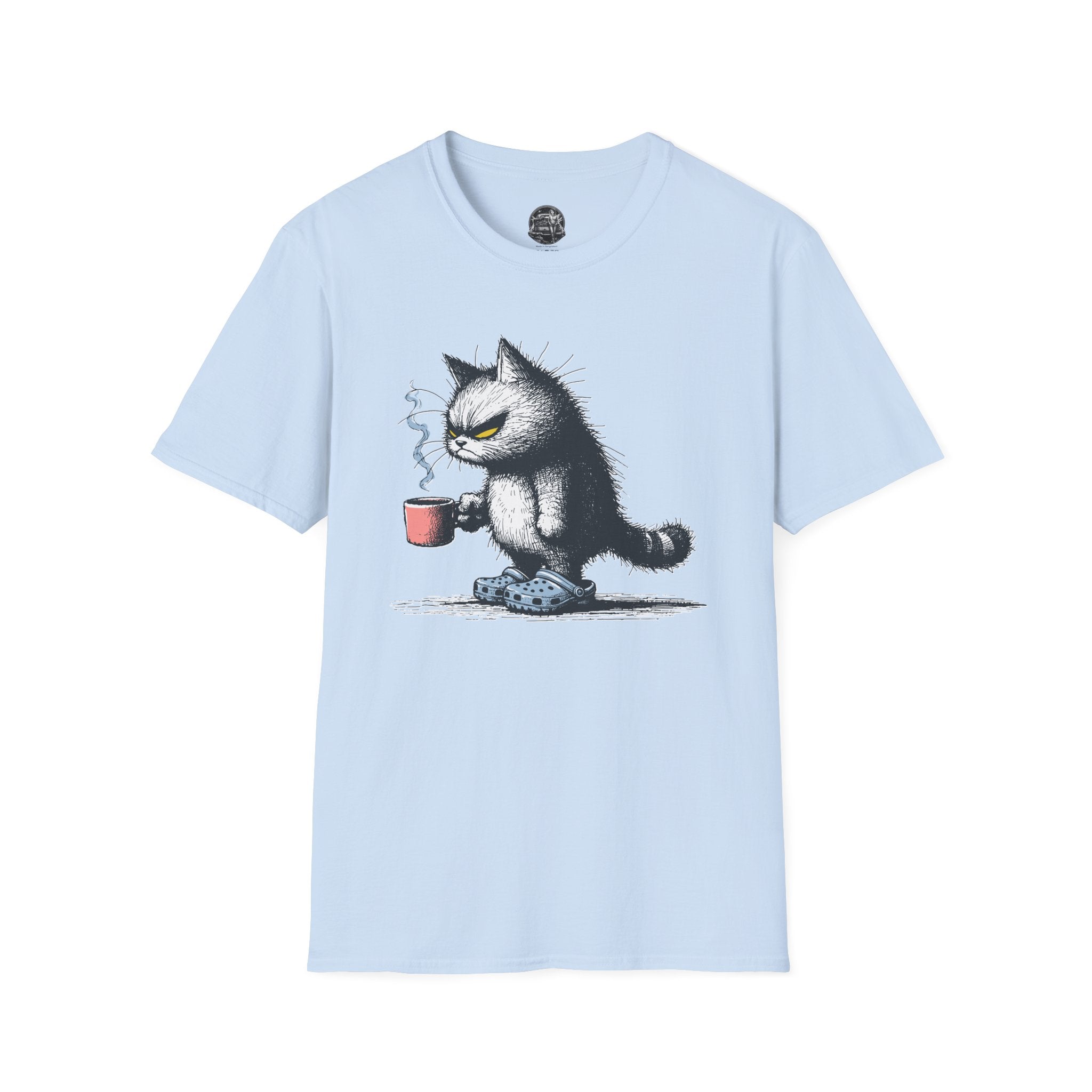 Cat Coffee T-Shirt — Grumpy Cat Holding Mug Illustration