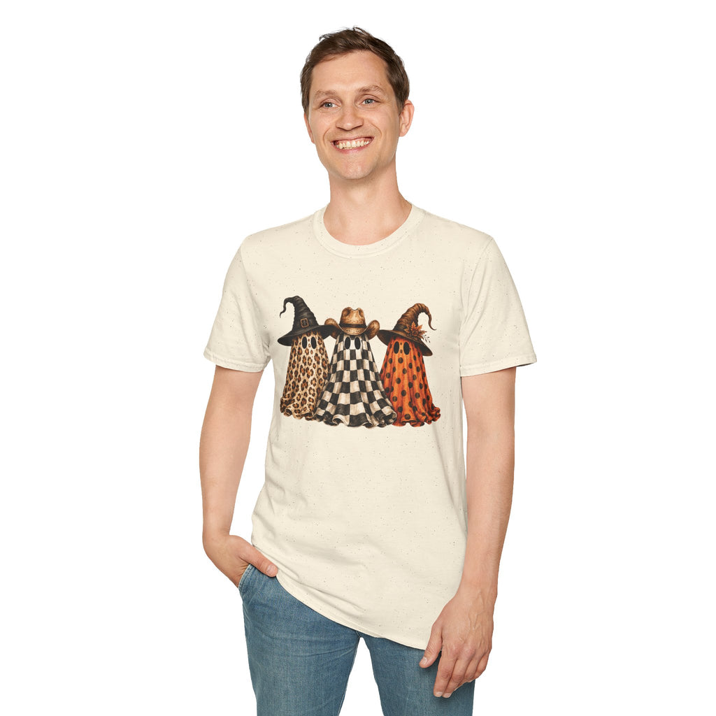 Halloween Ghost Trio T-Shirt — Leopard, Checker & Pumpkin Hat Design